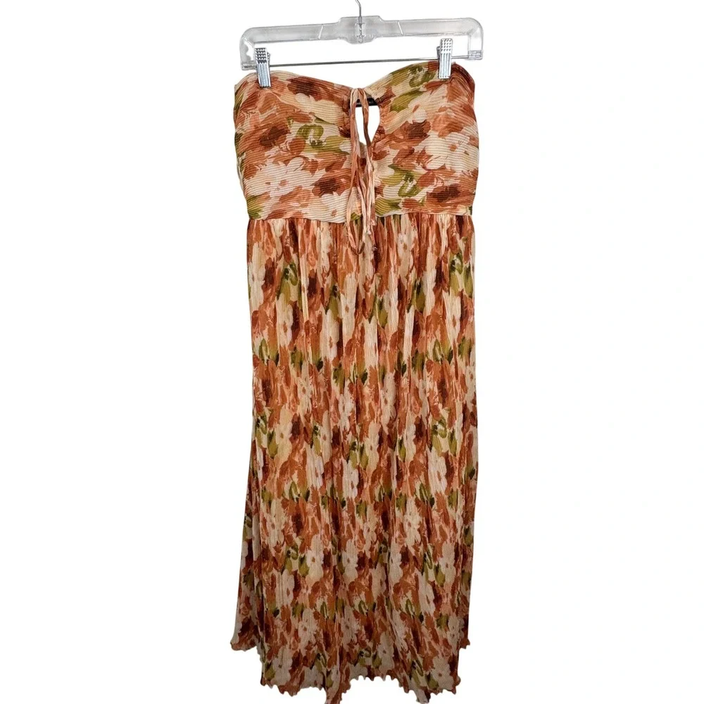 Abercrombie & Fitch Orange Floral Plisse Strapless Keyhole Maxi Dress M Wedding